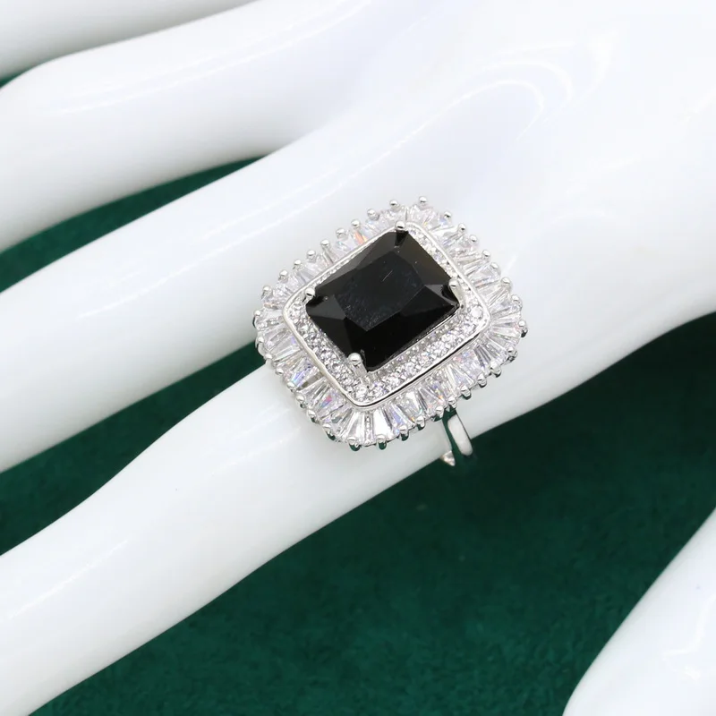 Classic Silver Color Bride Jewelry Set for Women Wedding Black Zircon Bracelet Earrings Necklace Pendant Ring Gift