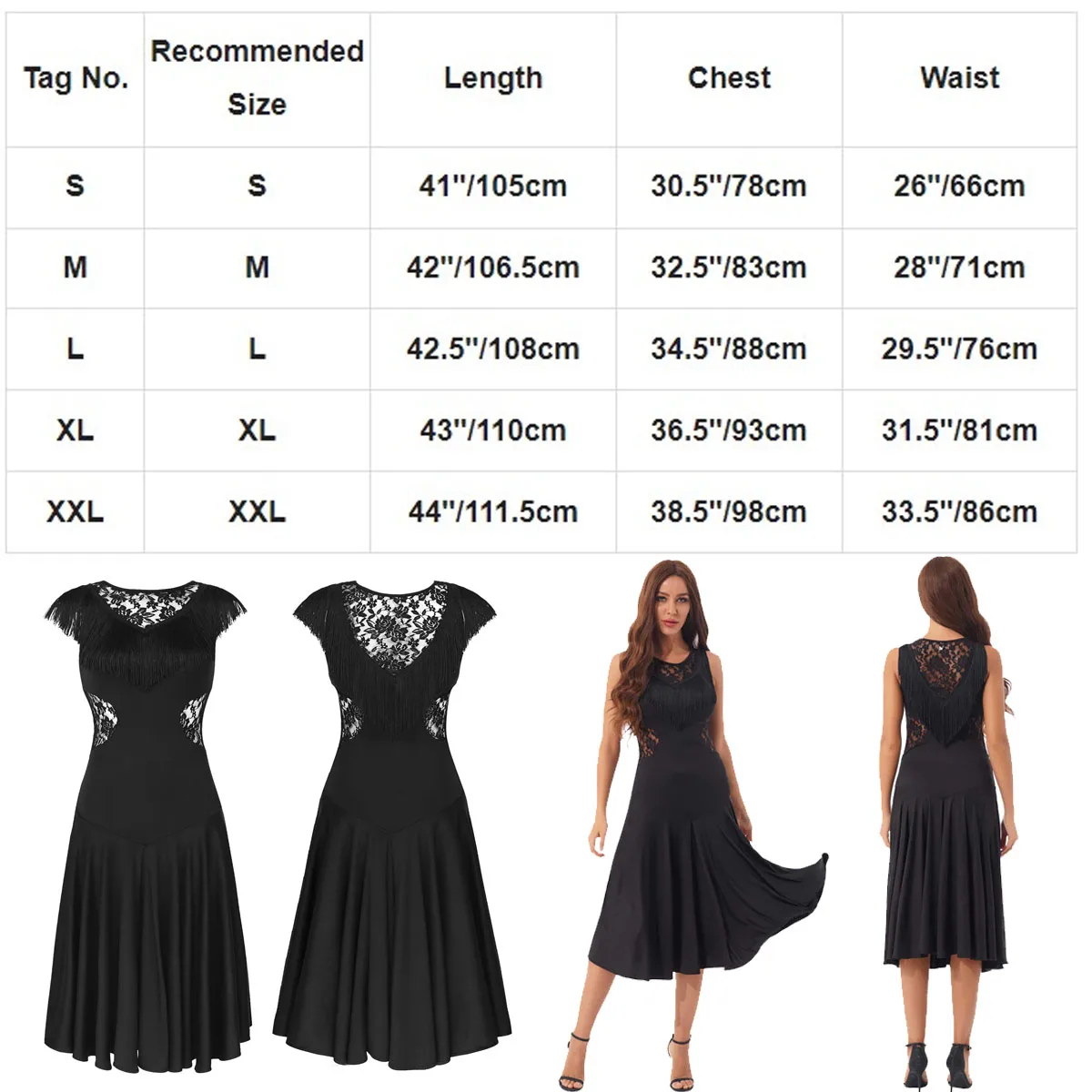 Women Ball Gown Tassel Dance Dress Sleeveless Lace Patchwork Ballroom Latin jazz Tango Waltz Chacha Dresses Dancing Clothes