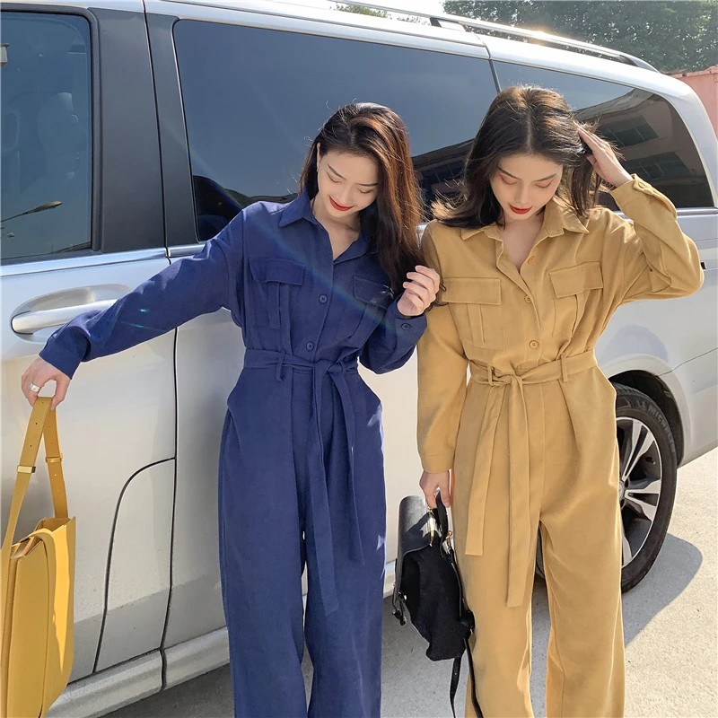 2021 New Women Spring Casual Wide Leg Long Jumpsuits Full Sleeve Single Breasted Loose Rompers with Sashes