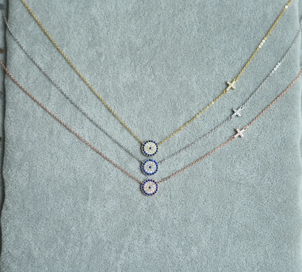 2017 high quality 3 color 100% 925 sterling silver dainty thin chain delicate evil eye cross connector silver necklace for lady