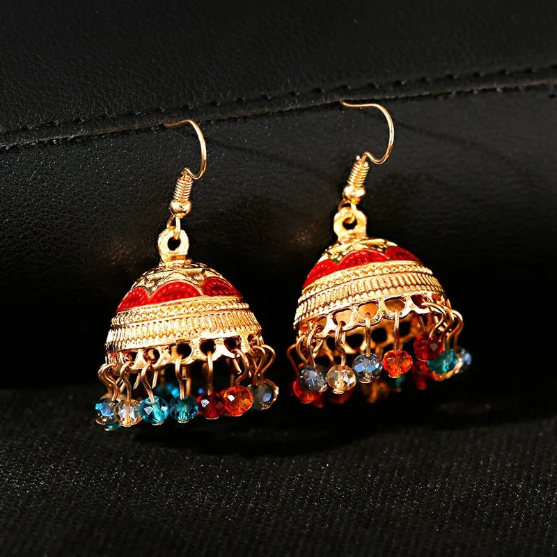 Ethnic Boho Beads Jhumka Earrings Womens 2022 Vintage Turkish Gold Color Carved Alloy Bollywood Bell Dangle Earrings