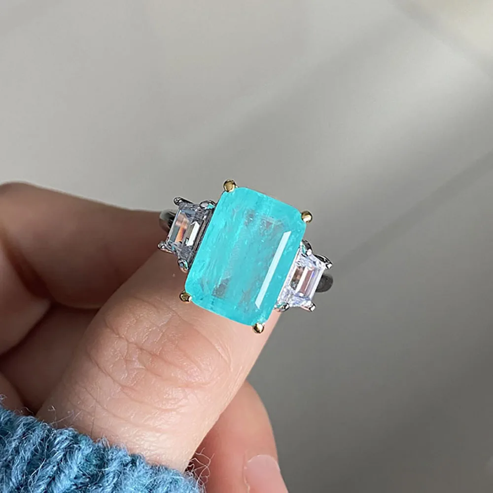 Retro 925 Sterling Silber 10*14mm Blau Stein Aquamarin Paraiba Turmalin Hohe Carbon Diamant Hochzeit Engagemen Ring für frauen