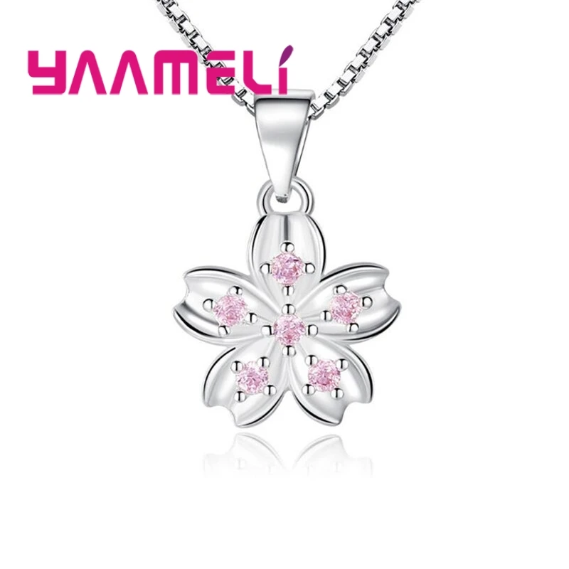 Lovely 925 Sterling Silver Jewelry Kawaii Sakura Flowers Pink Cubic Zirconia Charming Pendant Necklace with Chains