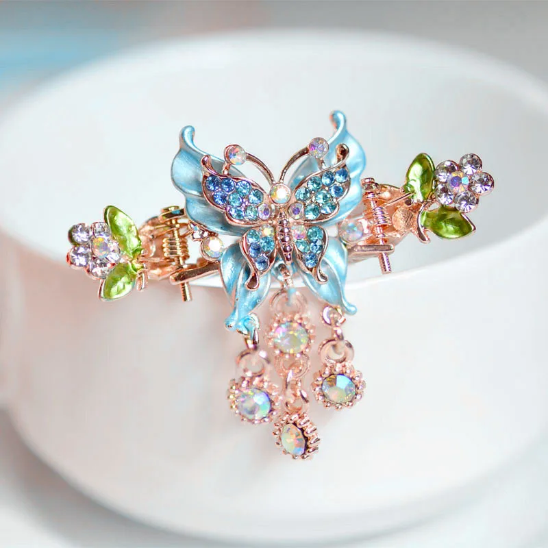 Morkopela Butterfly Enamel Hair Clip Vintage Charm Rhinestone Hairpin Clips Women Banquet Hair Claw Accessoires Party Jewelry