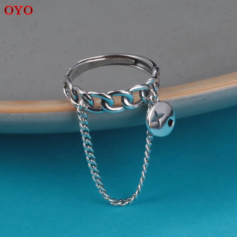 

100% S925 sterling silver simple chain round medal ring female Korean fashion open index finger ring