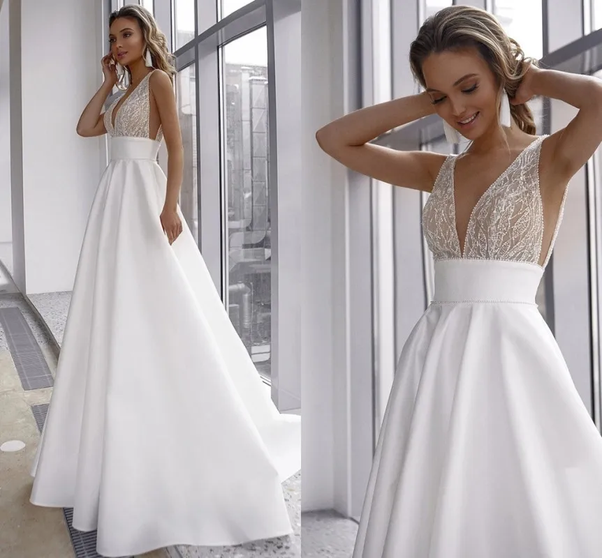 2021 Boho abiti da sposa gonna di raso di pizzo abiti da sposa da spiaggia senza maniche Sexy scollo a v aperto indietro abiti da festa principessa