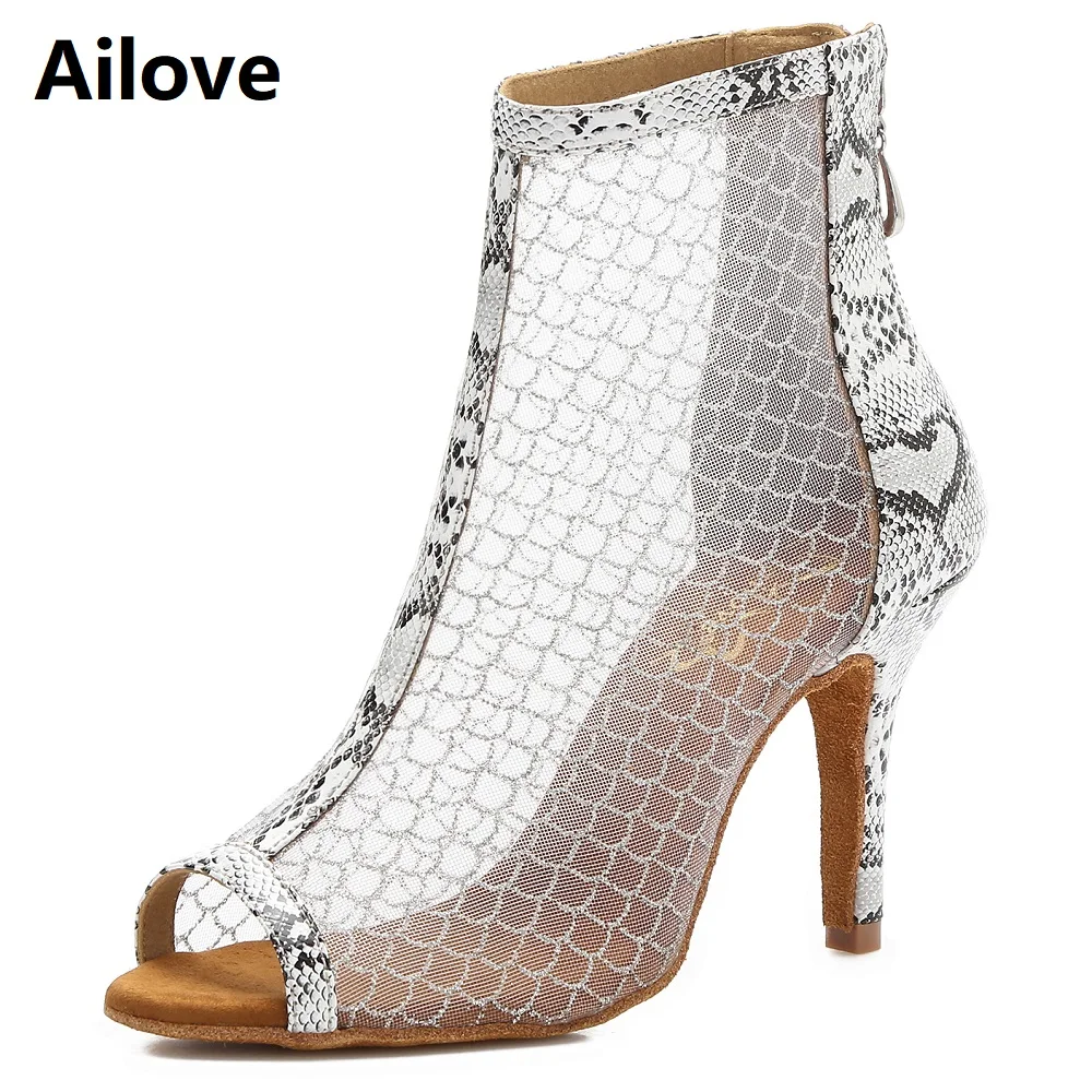 

Ailove Women`s Social Ballroom Latin Salsa Dance Boots White Air-mesh Party Dancing Shoes with Snake Texture Back Heel S057