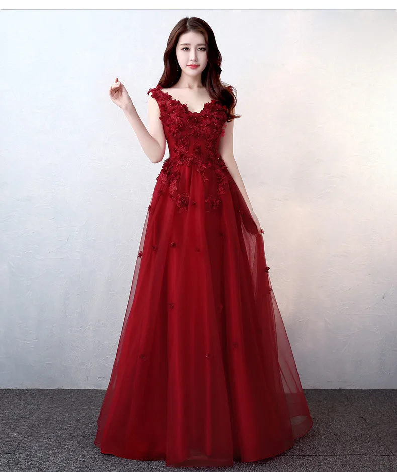 

Sexy V-Neck Applique Prom Dress Sleeveless Long Burgundy Gauze Skirt Women's Elegant Temperament Bride Wedding Dress Cheongsam