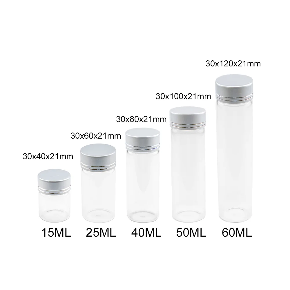 

12Pcs Clear Glass Bottles Empty 15ml 25ml 40ml 50ml 60ml Process Tank Silver Tangent of Screw Plastic Cap Artistic Vials