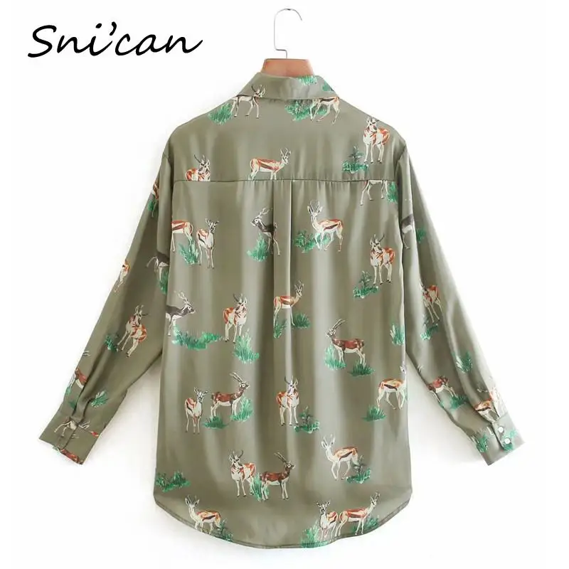 Za Green Dear Print Blouse Women Fashion Satin Animal Sexy Shirts Chic Tops Vintage Chemisier Femme Spring Elegant Blusas Mujer