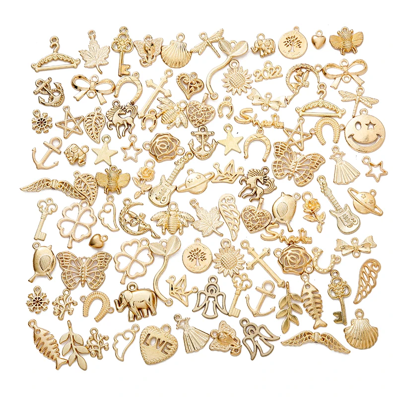 100pcs Mixed Styles Animal Heart Key Crown Charms
