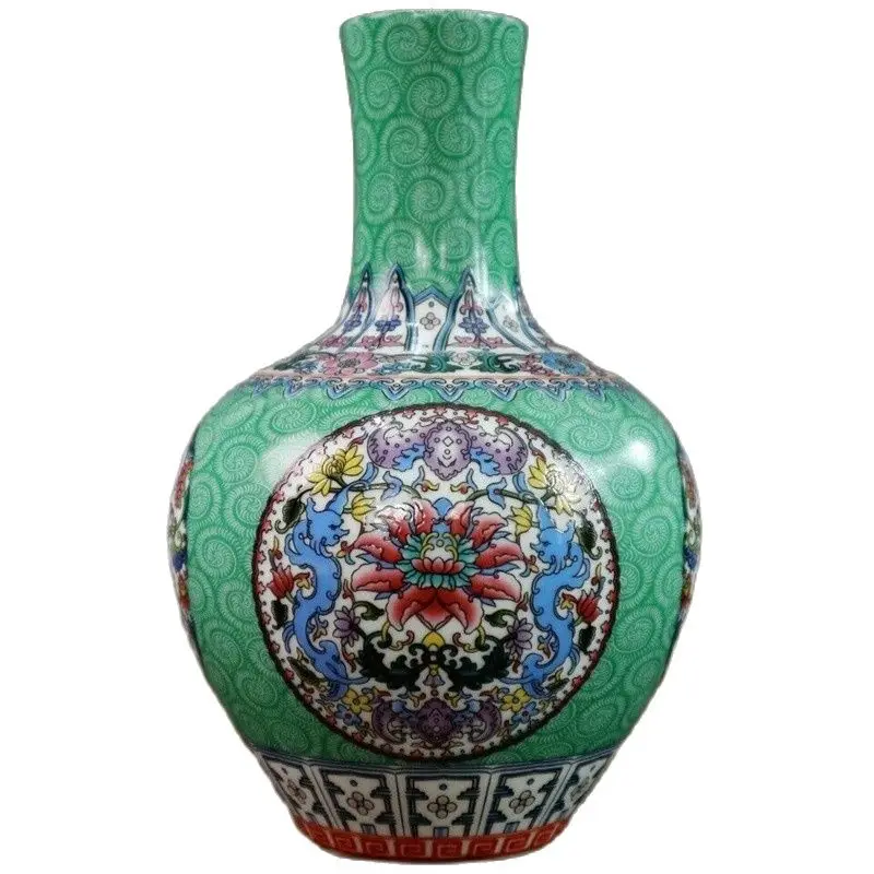 Chinese Old Porcelain Green Land Enamel Flower Pattern Celestial Globe Bottle Vases