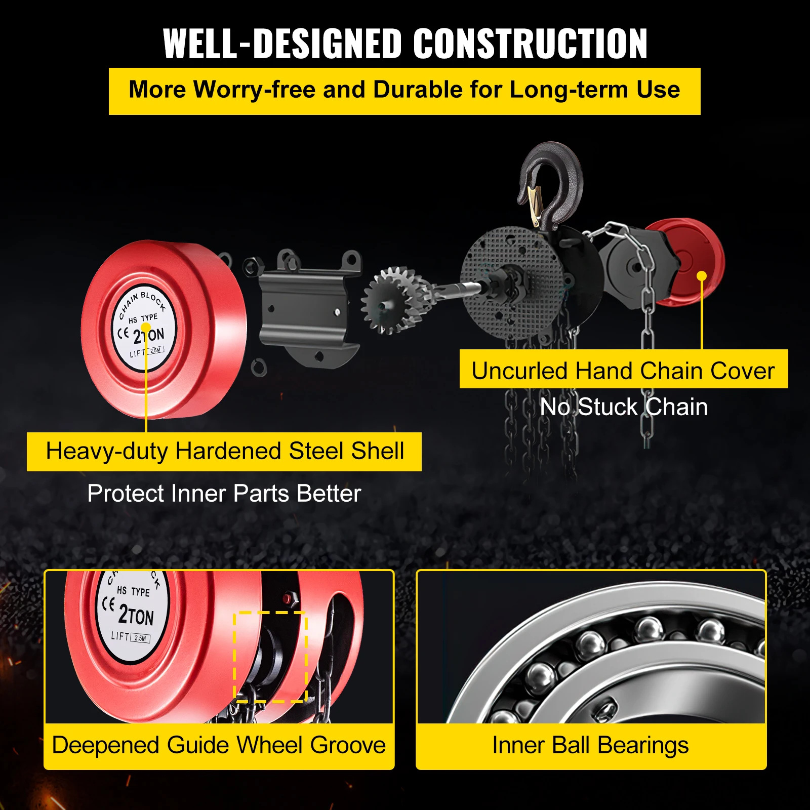 VEVOR Chain Hoist Chain Block 1/2/3Ton (2200/4400/6600 LBS) Capacity 8/15 Feet Lifting Height Steel Construction Red Yellow