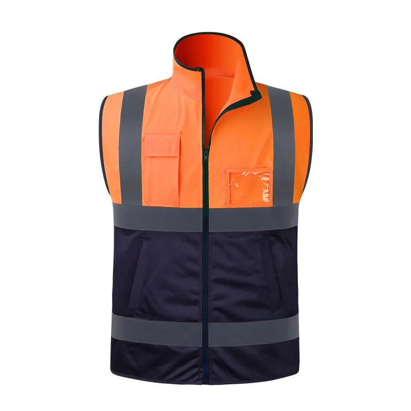 สะท้อนแสงความปลอดภัยเสื้อกั๊กด้านหน้า Zipper Hi Vis Workwear เสื้อกั๊กหลายกระเป๋า Two Tone ก่อสร้างทำงานเสื้อกั๊ก