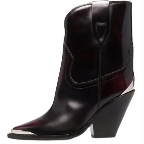 Winter New Retro Apricot Sliver Black Burgundy Metal Pointed Toe Mid-calf Boots Woman British Style Chunky Heels Slip On Boots