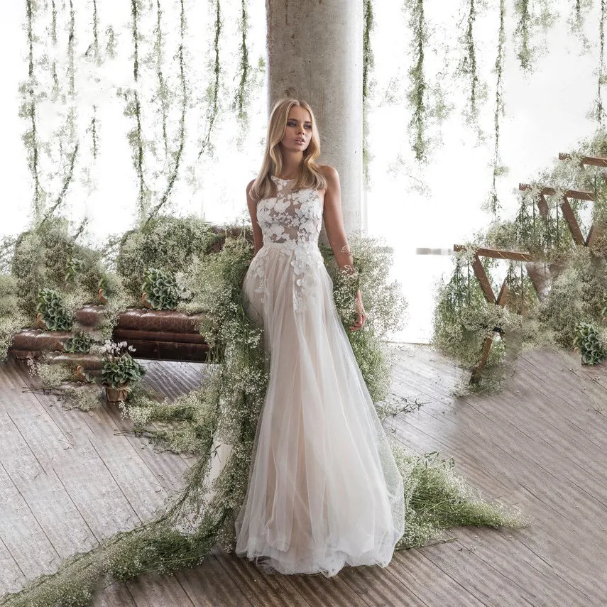 Robe de Mariée de Plage en Dentelle à Fleurs 3D, Bretelles Spaghetti, Appliques en Fibre, Dos Ouvert, Ligne A, Patients en Tulle, Quelle que soit la Traîne de Balayage, 2024