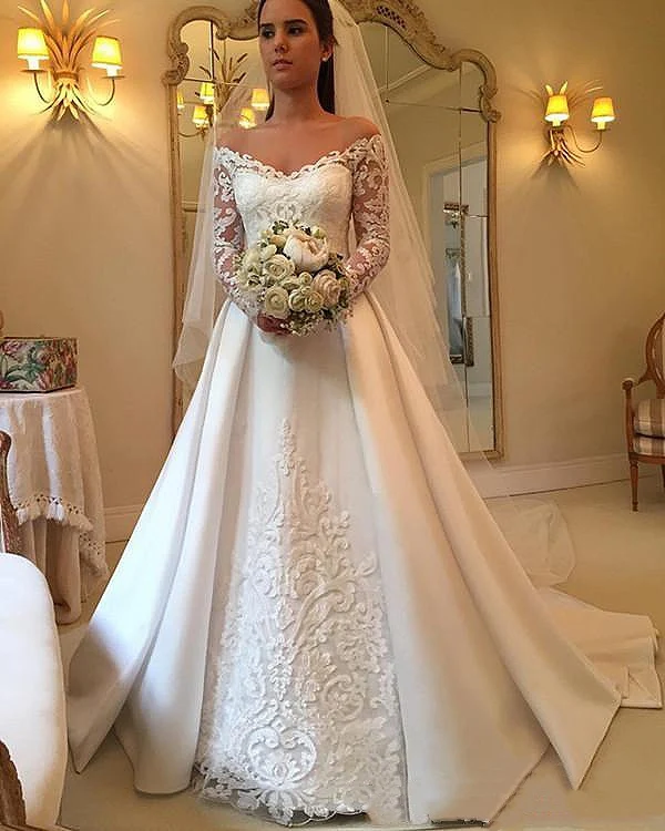 Immagine 3: Abiti da sposa in raso Country maniche lunghe Appliques in pizzo una linea abito da sposa Sweep Train abiti da sposa Vintage con spalle scoperte Boho