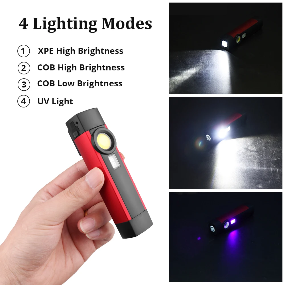 LED Flashlight Multi-function XPE+COB Torch UV Detection Lamp Rechargeable Waterproof Camping Light with Magnet Repair Lantern