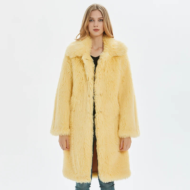 ใหม่แฟชั่นผู้หญิงยาวFaux Fur Turn-Down Collarหนาขนาดใหญ่Coat