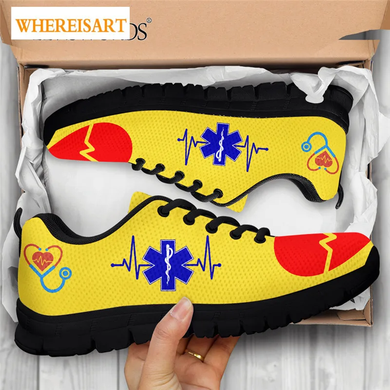 WHEREISART Paramedic Design Women Mesh Sport Sneaker Yellow Solid Color Female Casual Flat Shoes Medical Nursing Footwear mujer