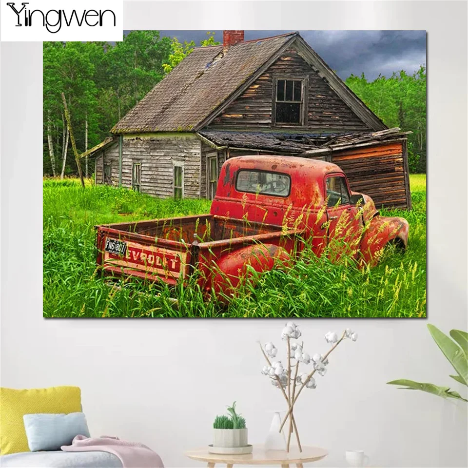 Pickup Trucks Scenery 5D Diamond Painting Kits DIY Full Diamond Art Number Kits Wooden House Cross Stitch Embroidery Wall Decor