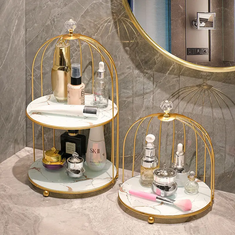 

Metal Frame Bird Cage Marble Glass Plate Storage Shelf Bathroom Organizer Wash Countertop Cosmetics Shampoo Holder Shower Caddy