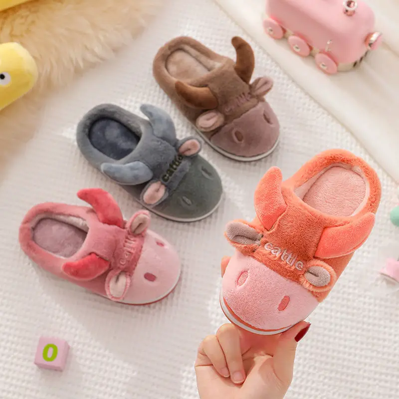 Leuke Hoorns Kinderen Katoen Slippers Herfst En Winter Cartoon Bont Slippers Baby Interieur Jongens En Meisjes Harige Slippers