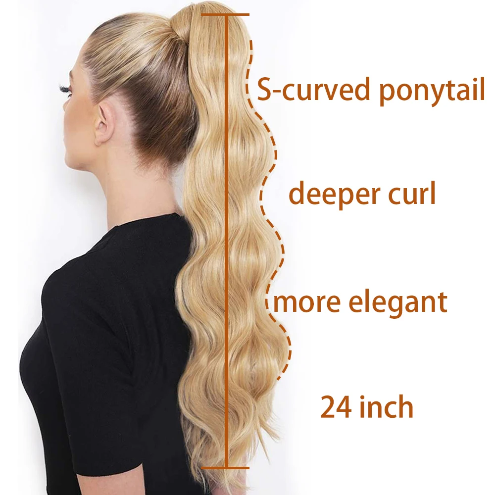 MERISI Synthetic Ponytail Long Hollywood Wave Ponytail Wrap Around Body Wave Clip in Hairpiece Blonde Wave Ponytail for Women