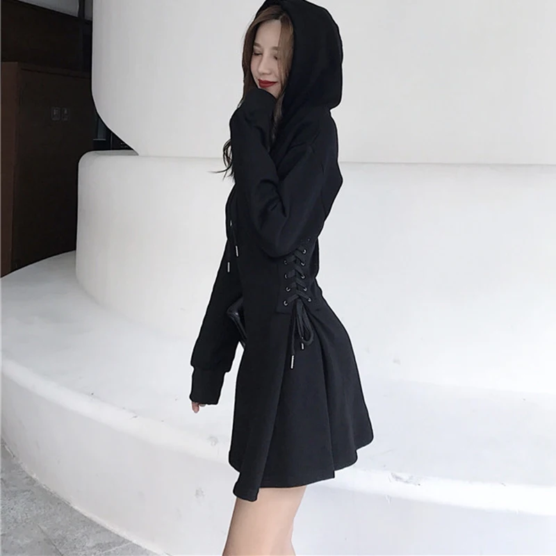 Spring 2024 Hooded Dress Women Lace Up Waist Slim Black Gothic Dress Female Short Mini Harajuku Streetwear Vestidos