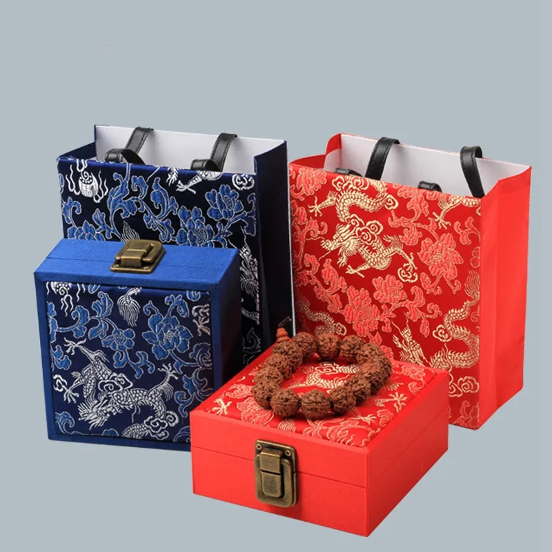 Dragon Pattern Lock catch Chinese Silk Brocade Box with Hand bag Jewelry Packaging Bracelet Gift Box Jewellery Storage Boxes