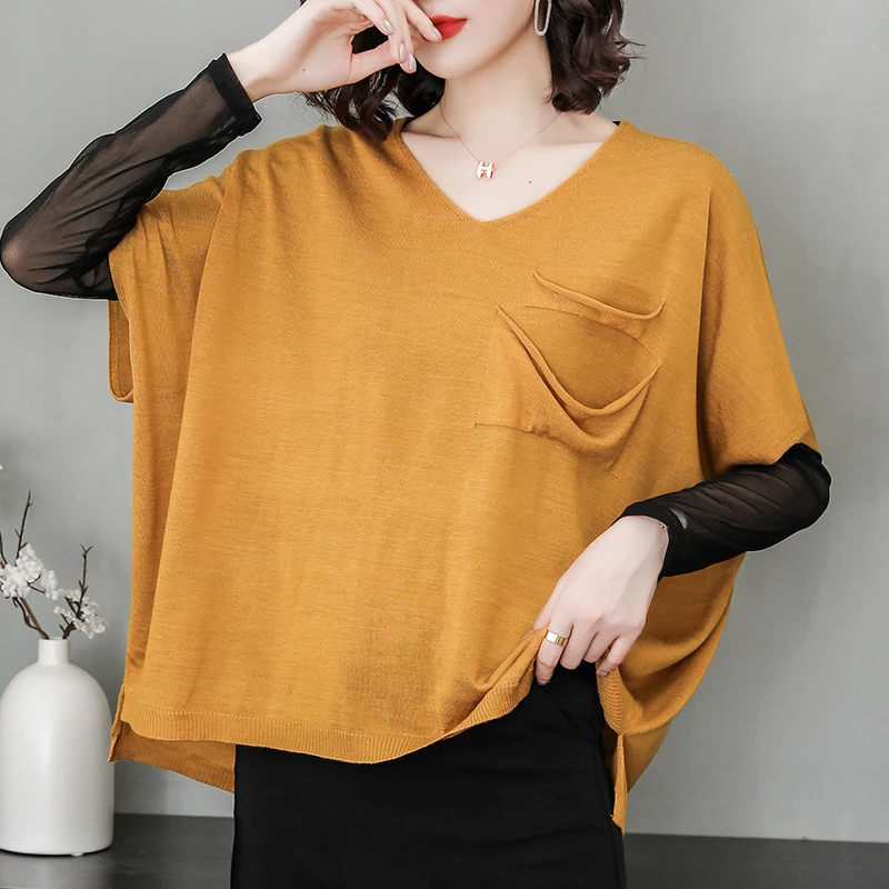 Women Extra Large Wool Blouse Spring Summer Loose Knitwear Female Batwing Sleeve Oversize Knit Tops Short Sleeve Shirts