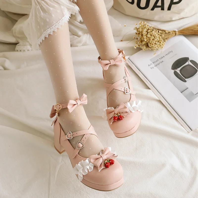 Japanese sweet lolita shoes kawaii girl round head high heel cross bandage kawaii shoes cosplay loli daily fashion single shoes