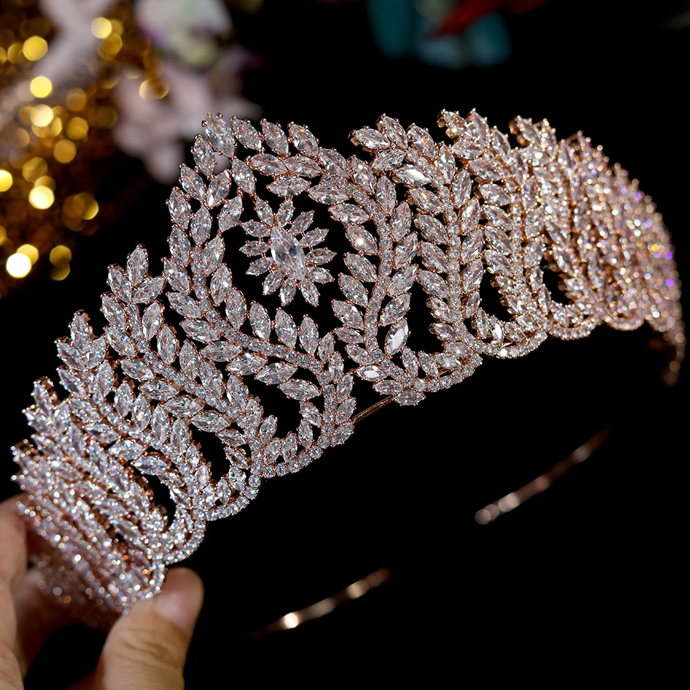 Imagem -06 - Luxo Golden Queen Crown para Mulheres Grandes Coroas Ouro Rosa Tiaras Casamento Cocar Acessórios Cabelo Nupcial cz Jóias