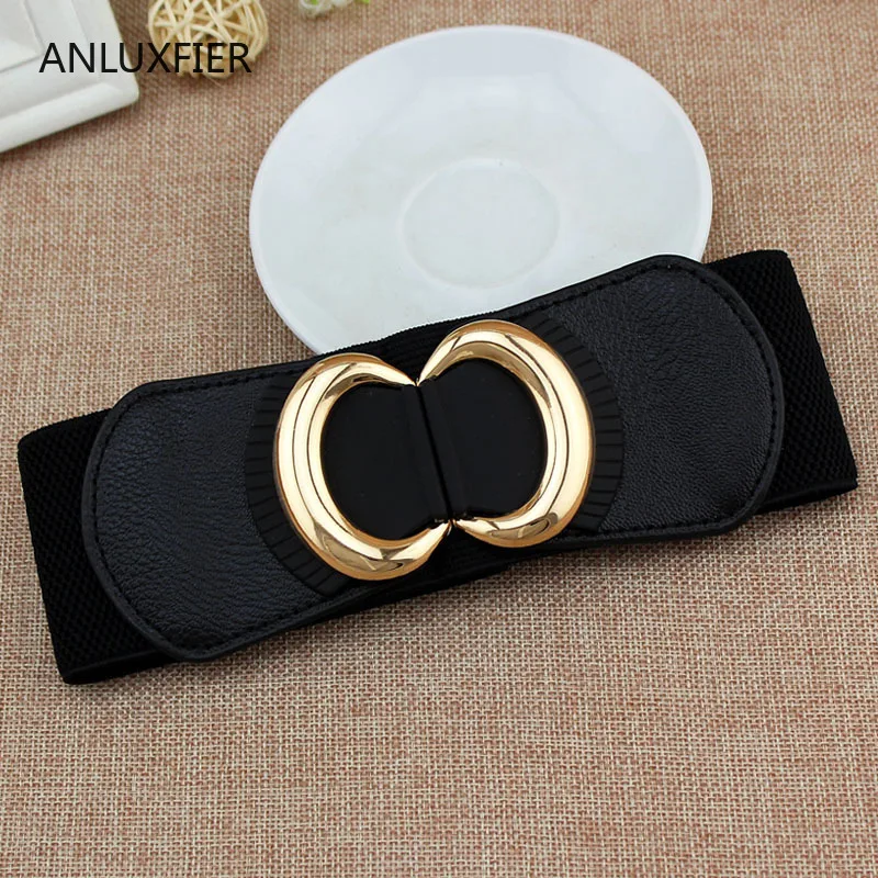 

H9818 Women Elastic Wide Belt Golden Metal Buckle Waist Seal Girl Top Grade Fashion Casual Simple Luxury Cummerbunds Accessories