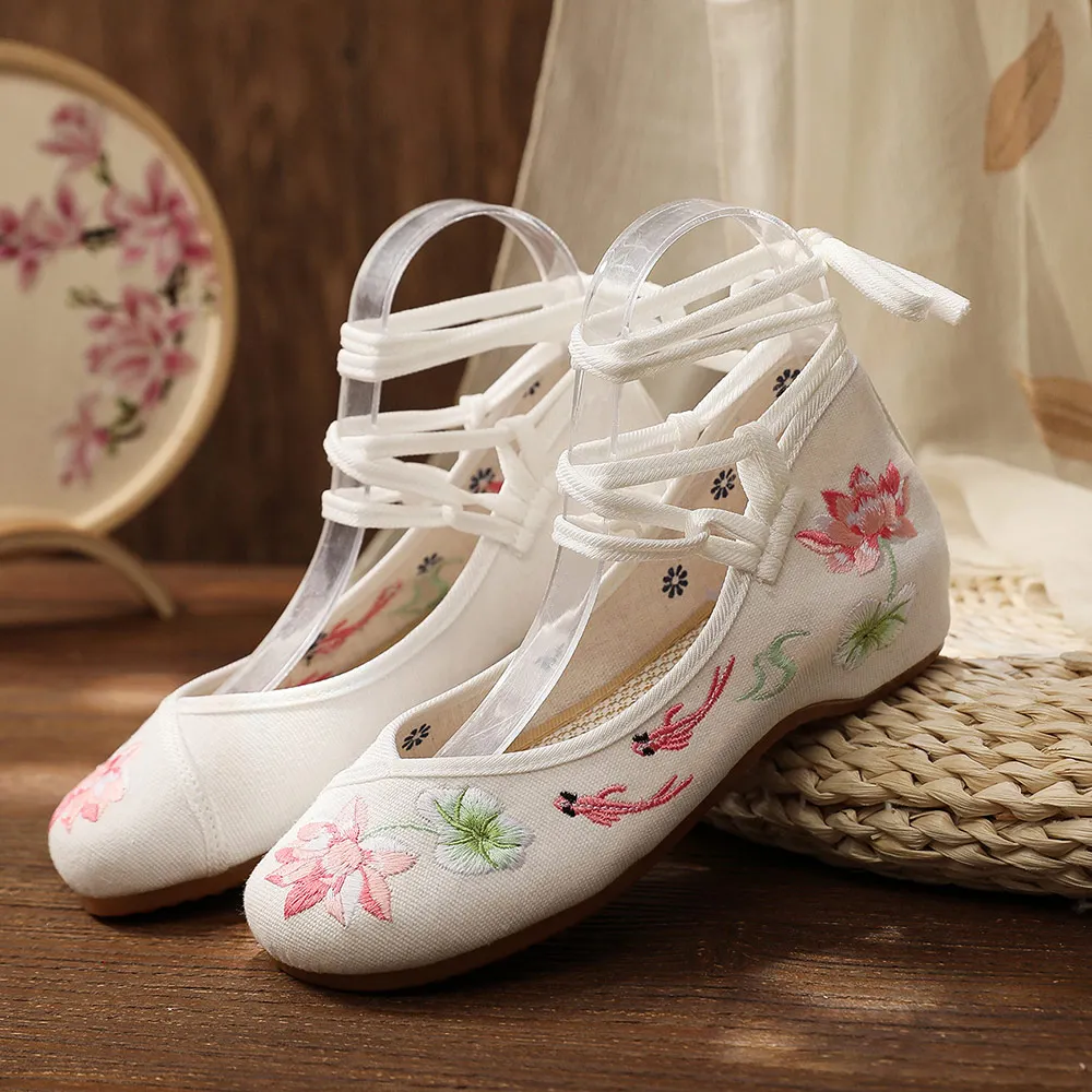 Veowalk Women Ankle Strap Cotton Fabric Ballet Flats Flowers Embroidered Ladies Casual Comfortable White Shoes Ballerinas Shoes