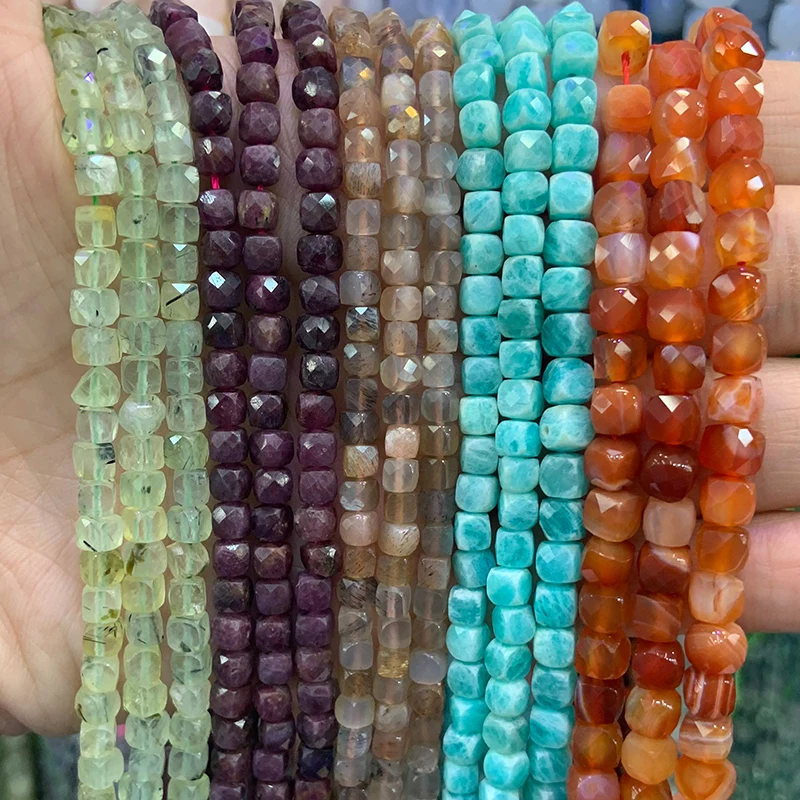 4-5mm Natural Prehnite Lepidolite Sunstone Amazonite Stone Beads 15'' Faceted Cube DIY Loose Beads For Jewelry Making Beads Gift