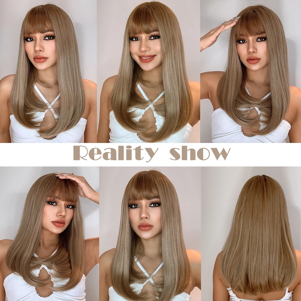 Lange Seidige Gerade Perücke Ombre Braun Blonde Synthetische Perücken Mit Pony Für Frauen Cosplay Partei Täglichen Natürliche Wärme Beständig Faser