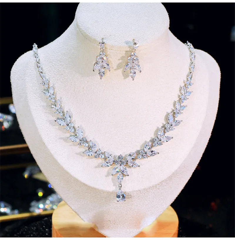 

CC Jewelry Sets For Women Necklace Olive Branch Design Water Drop Cubic Zirconia Luxury Bridal Wedding Earrings Drop Shipping