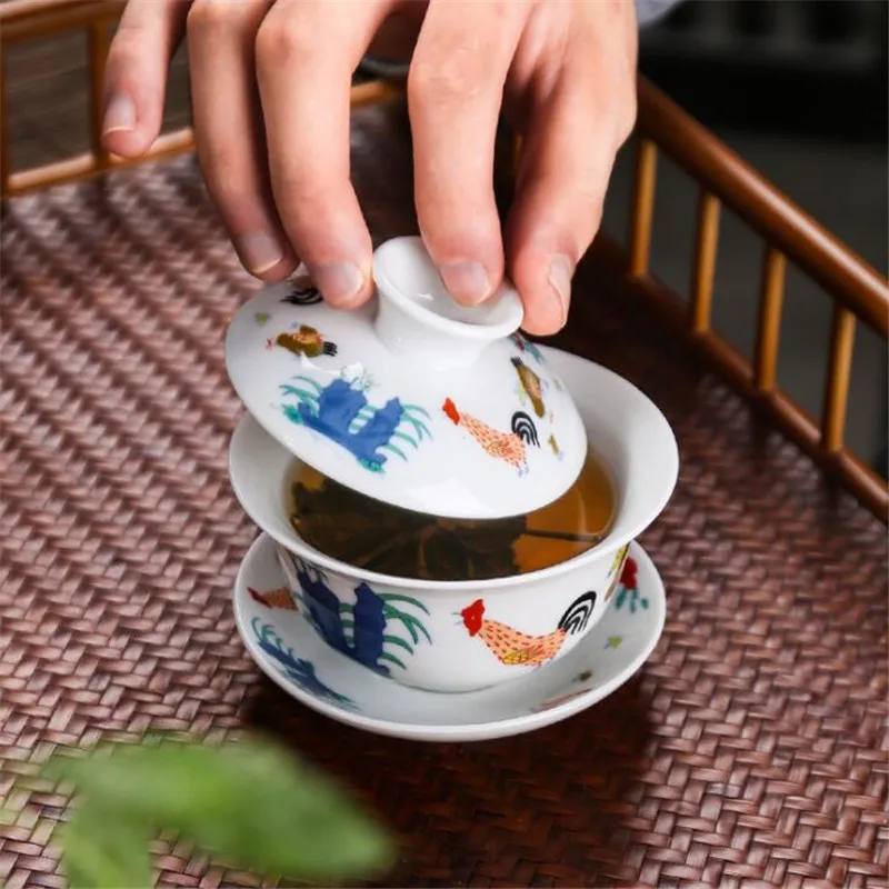 Retro Chickens White Tea Tureen Water Mug Tea Bowl Emperor Kung Fu Gaiwan Creative Travel Porcelain Teapot Office Drinkware Gift