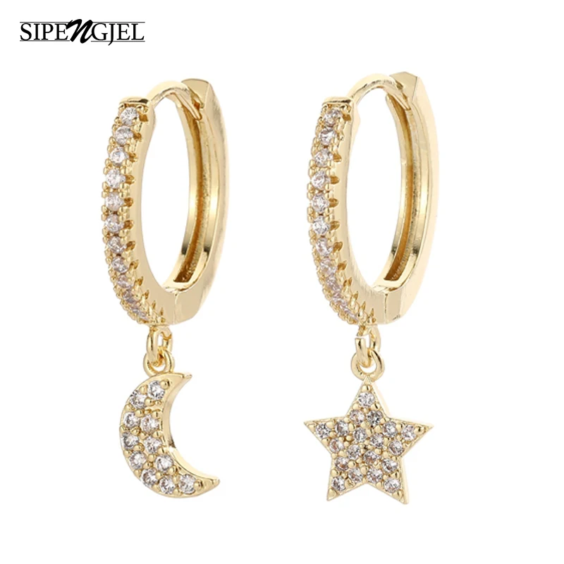 SIPENGJEL-Boucles d\'oreilles créoles brillantes pour femmes, boucles d\'oreilles créoles Huggie, pendentif lune et étoile géométrique classique,