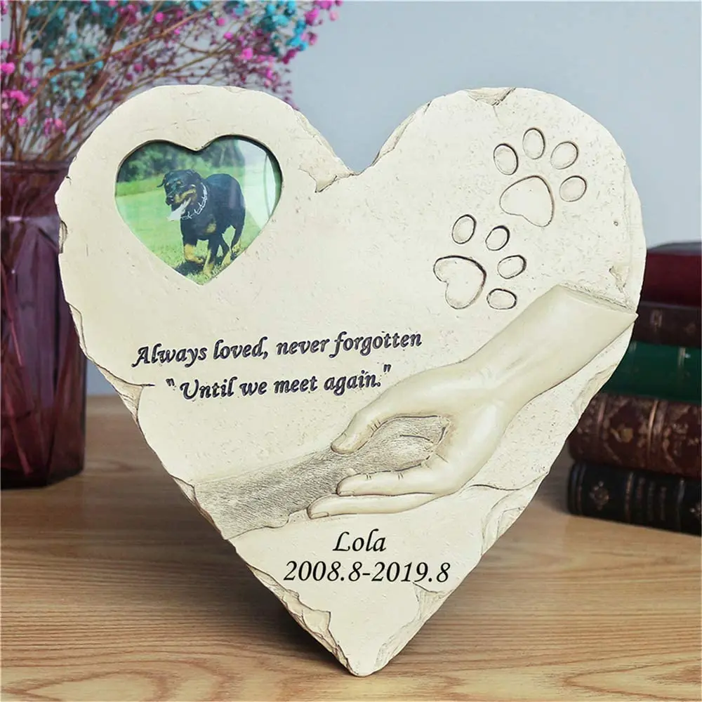 Personalized New Pet Memorial Stone with Photo Frame Heart Shaped Animal Monument Garden Backyard Ornament Dog Cat Supplies JSYS