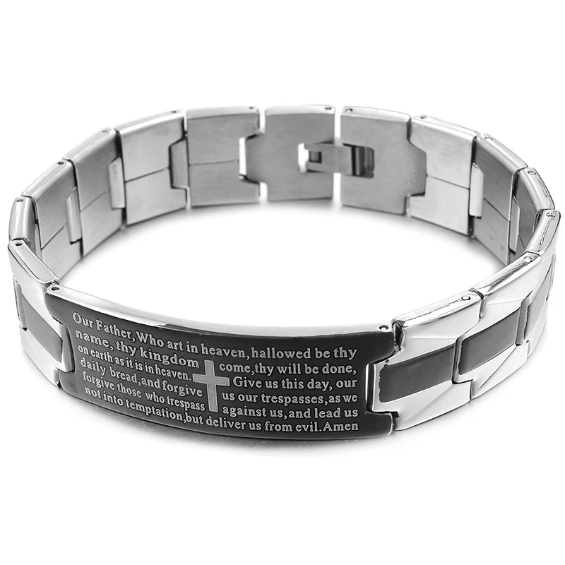 ID Cross Bracelet For Men English Bible Verse Inspiring Stainless Steel Bangle Religious Scripture Christian Jewelry Gift Dad