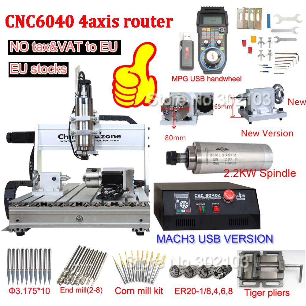 MACH3 USB CNC 6040 4axis 2.2KW Spindle with Ballscrew Tailstock Rotary Axis CNC Router Engraver Machine CNC Facotry Ship from EU