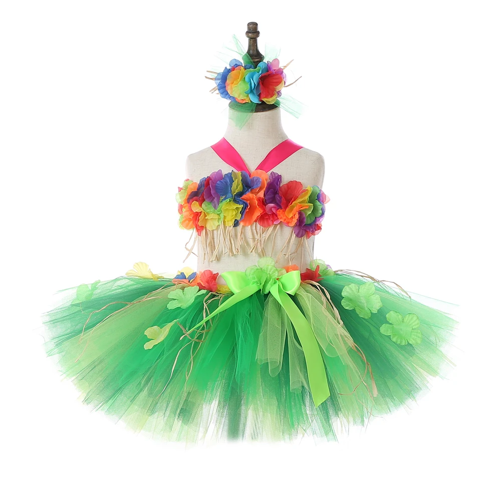 Flowers Hawaii Grass Skirt Outfits for Girls Kids Dance Tutu Skirts for Campfire Party Princess Toddler Tutus Fancy Costumes