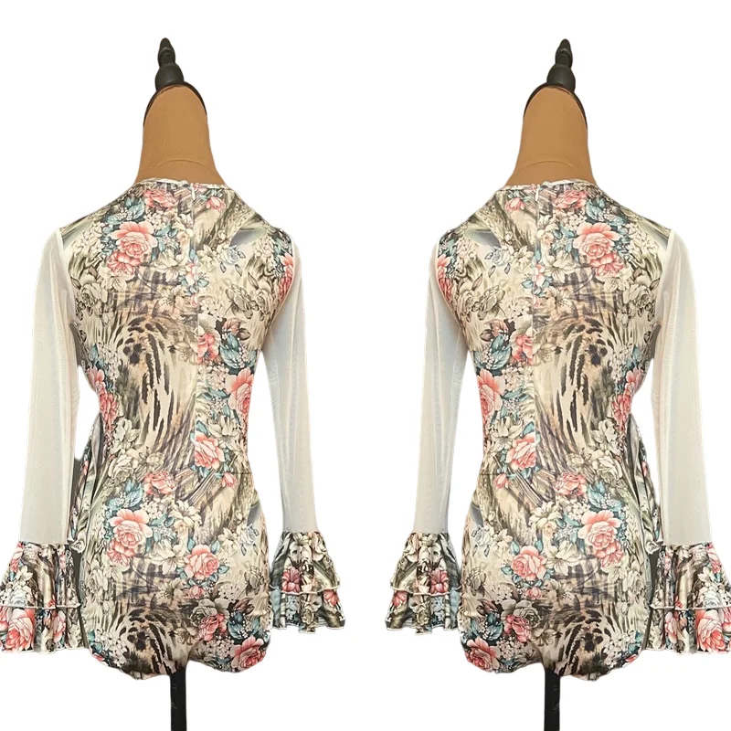 Tops de baile latino Floral para mujer, traje de baile con grifo de malla, ropa de diseñador, traje de baile de Salsa, ropa de baile de Tango JL2878