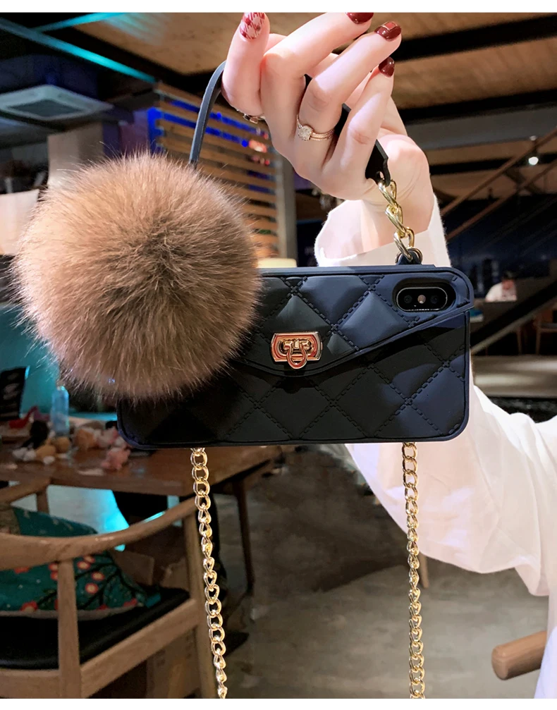 Luxury Fashion Metal Clasp Fox Fur Ball Pendant Card Bag Purse Case Cover For Huawei mate 40 30 P30 P40 Pro Chain Handbag Cover