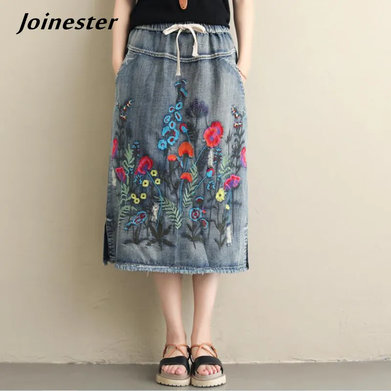 Women Casual Knee Length Denim Skirt Pull-On Jean Skirts for Spring Summer Ladies Elastic High Waist Midi Skirts with Pocket