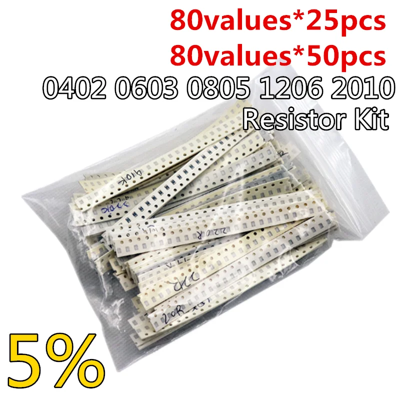 80values X25pcs/50pcs 0402 0603 0805 1206 2010 SMD Resistor Kit Assorted Kit 10ohm-910K ohm 5% Sample Kit