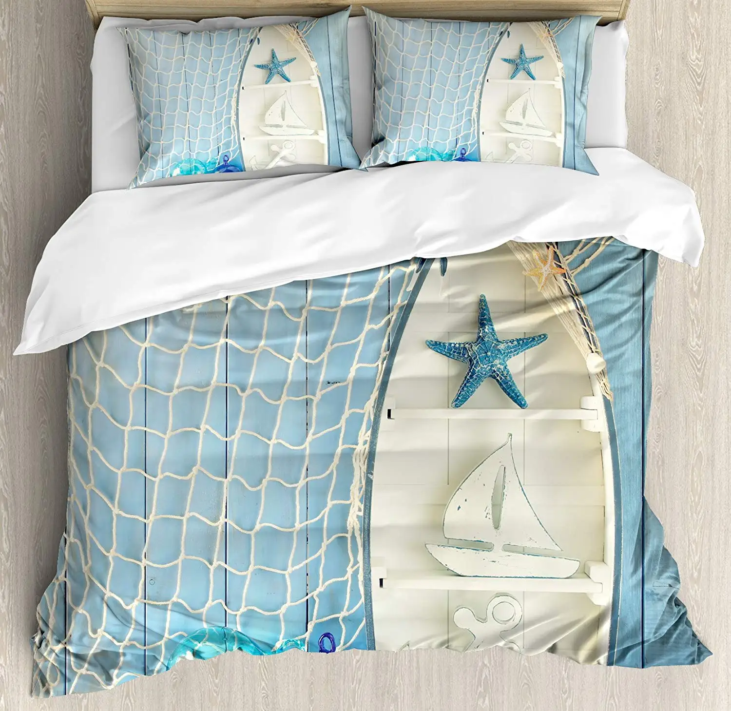 Nautical Duvet Cover Set Sea Objects on Wooden Backdrop with Vintage Boat Starfish Shell Fishing Net Photo Decorative 3 Piece