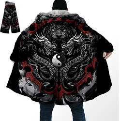 Yin And Yang Dragon Tai Chi Eight Trigrams Overcoat Coat 3D Print Thick Warm Hooded Cloak for Men Windproof Fleece Unisex Casual